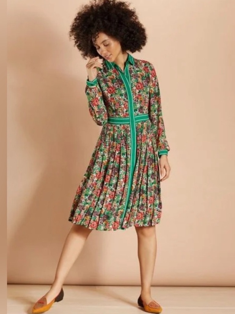 Brooks Brothers Red Fleece Floral Print Pleated Long Sleeve Shirt Dress Size 4